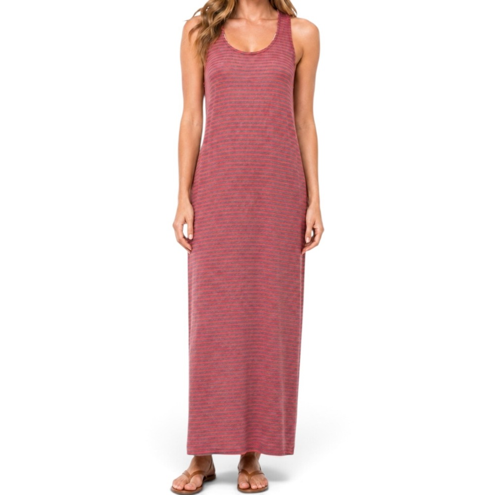 JUST LOVE Racerback Maxi Dress Small Coral Grey Striped Cotton Relaxed Straight